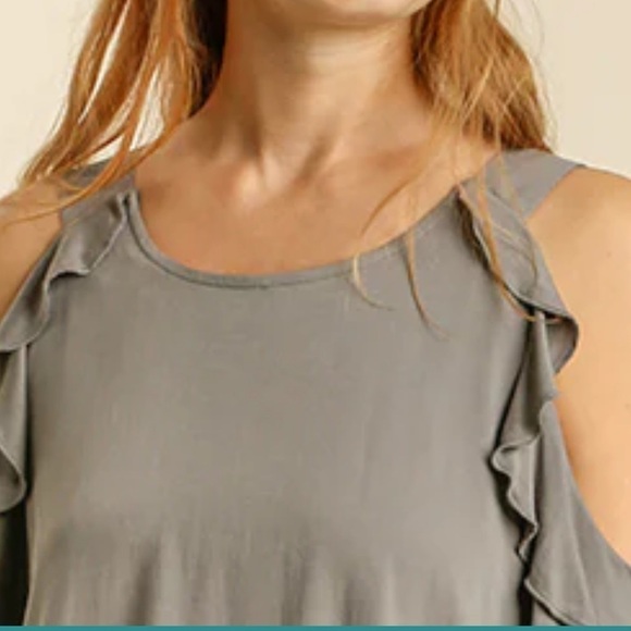 Umgee Goldenrod Cold Shoulder Ruffle Trimmed Detail short Sleeve Dress Ash Sz S - Picture 9 of 9